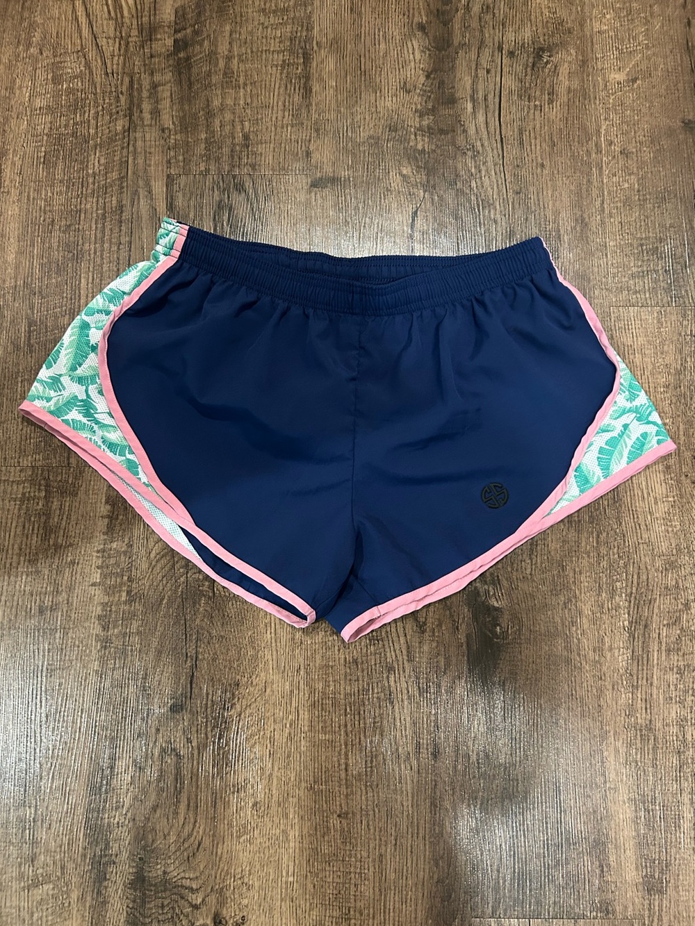 Simply Southern Navy Athletic Shorts with Pink Trim and Green Leaf Panels